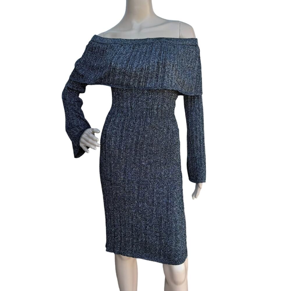 Keepsake The Label Black Silver Metallic Off Shoulder Knit Dress Size M